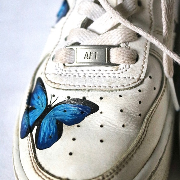 NIKE Air Force One White Customized Blue Butterfly Youth 4.5 (EU 36.5) - Picture 9 of 14